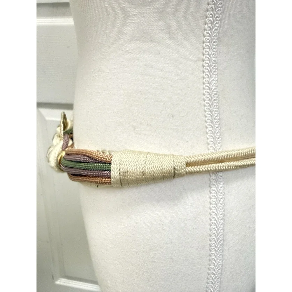 Vtg 80s Fashion Multi Colored Gold Disk Corded Beaded Stretch Belt M/L Statement